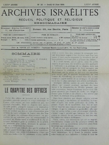 Archives israélites de France. Vol.75 N°24 (11 juin 1914)